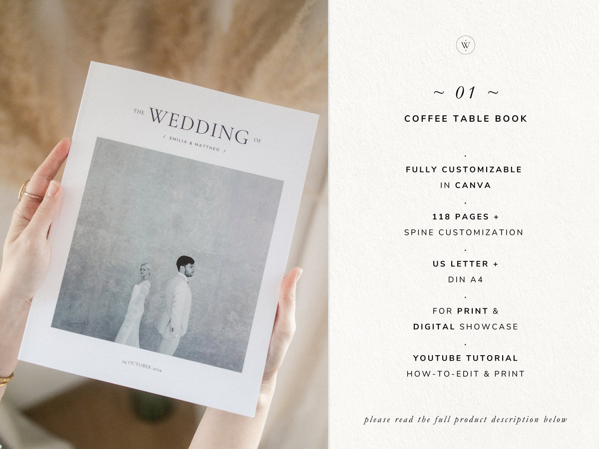 modern minimal printable coffee table wedding book magazine for photographers and newlywed couples editable in Canva